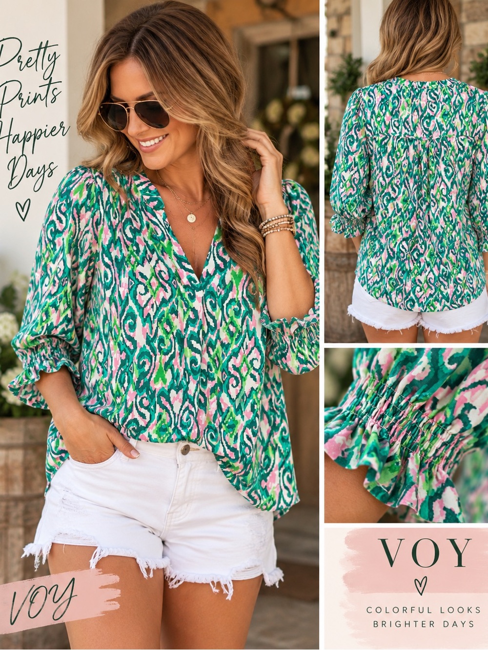 Green Multi-Print V-Neck Ruffle Sleeve Blouse